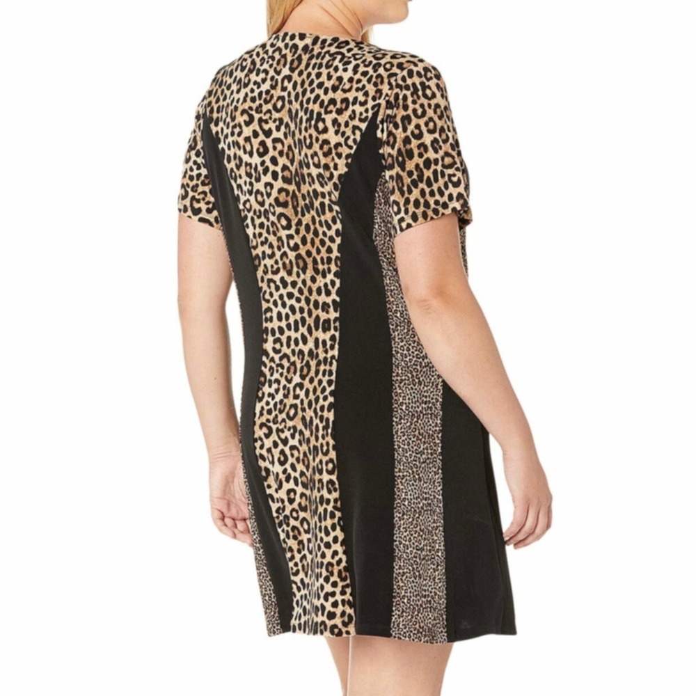 Michael Kors Cheetah Print Colorblock Shift Dress Black Tan L Mob Wife Stretch - Picture 2 of 5